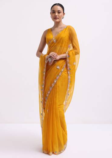 Yellow Organza Saree In 3D Sequins With Unstitched Blouse