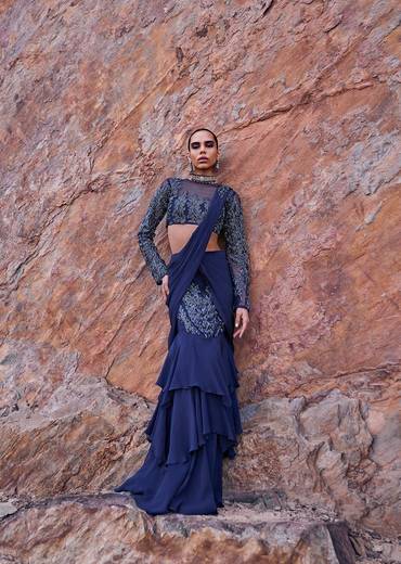 French Blue Fishcut Ready To Wear Frill Saree With Blouse