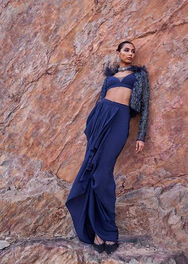 Midnight Blue Feathered Jacket With Draped Skirt And Bustier
