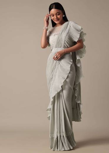Elegant Grey Readymade Saree With Stitched Blouse