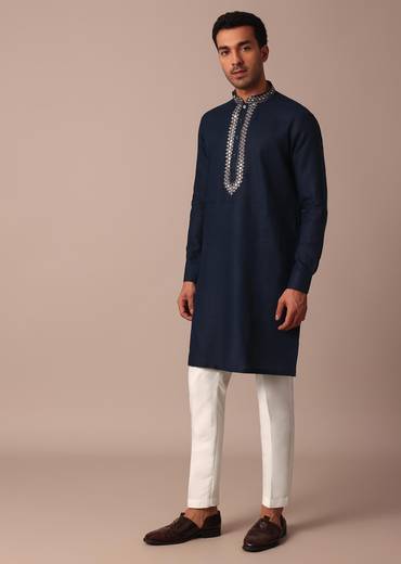 navy blue embroidered kurta with yoke detail-sg214960 8