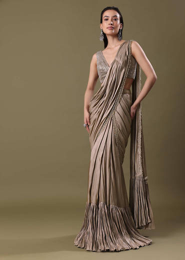 Blush Pink Pre-Stitched Frill Saree With Sequin Blouse