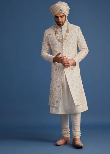 Off White Raw Silk Embroidered Sherwani Suit