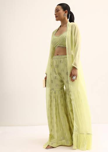 Yellow Mirror Crop Top With Jacket And Sharara