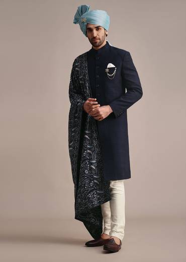 blue silk sherwani with pashmina dupatta-sg219250 1
