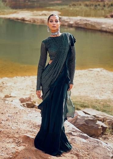 Bottle Green Pre Stitched Frill Saree With Blouse