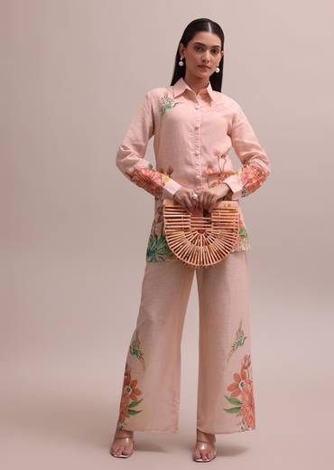 Pastel Peach Floral Printed And Sequin Worked Linen Co-ord Set For Summer