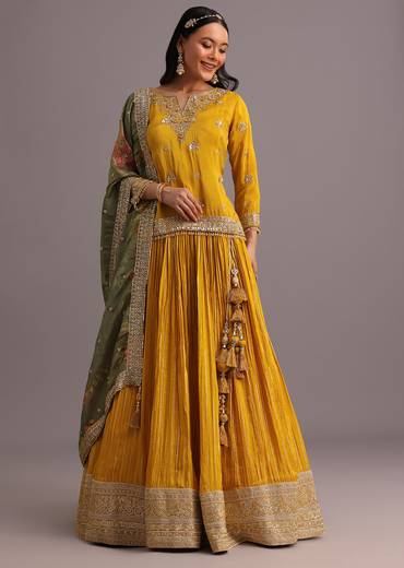 Yellow Embellished Kurta Lehenga With Printed Dupatta
