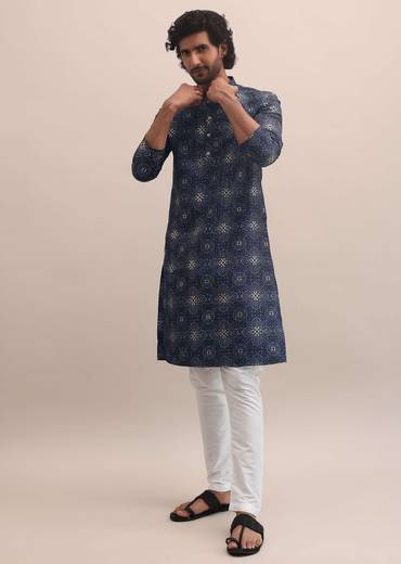 blue bandhani printed cotton kurta set for men-sg227655 2