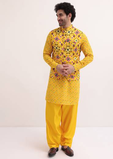 Yellow Patola Printed Kurta Jacket Set For Men