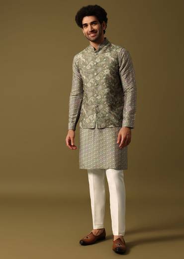 Olive Green Cutdana Embroidered Kurta Jacket Set For Men