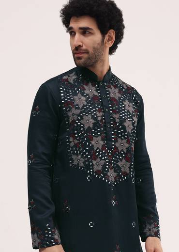 Navy Blue Embroidered Silk Kurta Set For Men