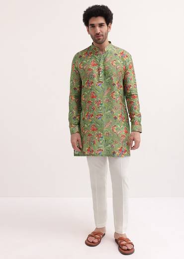 Green Floral Printed Silk Short Kurta Set For Men