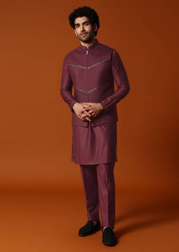 Wine Embroidered Rayon Kurta Jacket Set For Men