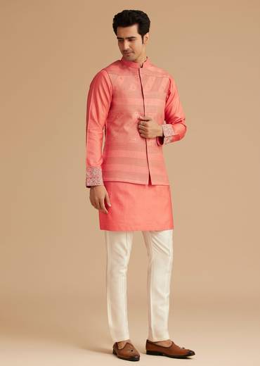 Peach Silk Kurta With Embroidered Jacket