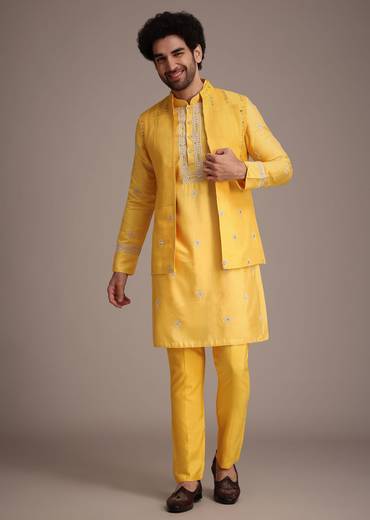 Yellow Silk Mirror Embroidered Kurta Jacket Set