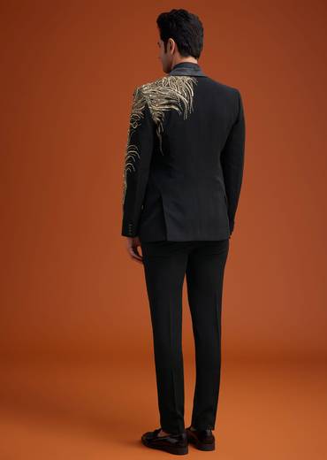Black Blazer With Asymmetrical Gold Sequin And Bead Embroidery