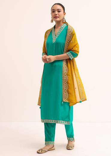 Aqua Green Cotton Silk Kurta Set With Dupatta