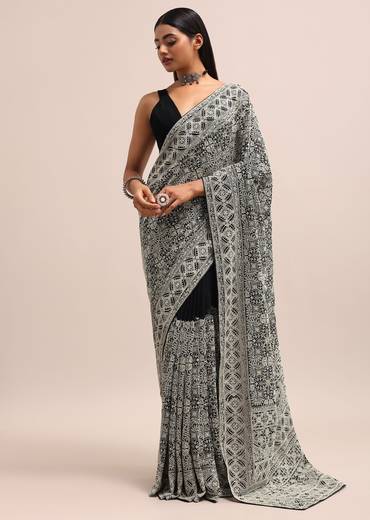 Black Georgette Chikankari Embroidered Saree With Unstitched Blouse
