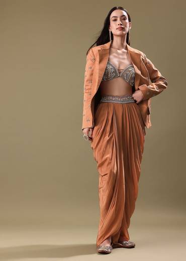 Orange Embroidered Blouse With Dhoti And Jacket