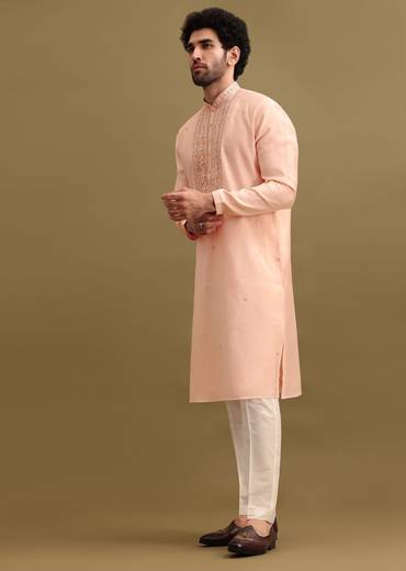 Peach Silk Kurta Set With Zari Work For Men