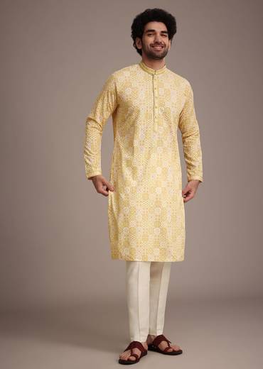 yellow silk embroidered kurta set with schiffli work-sg244897 4