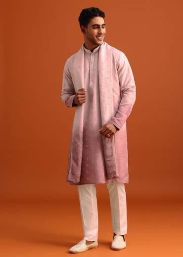 Onion Pink Ombre Kurta Set In Raw Silk With Butti Work