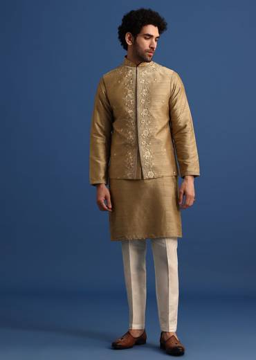 Brown Kurta Jacket Set With Thread And Mirror Work