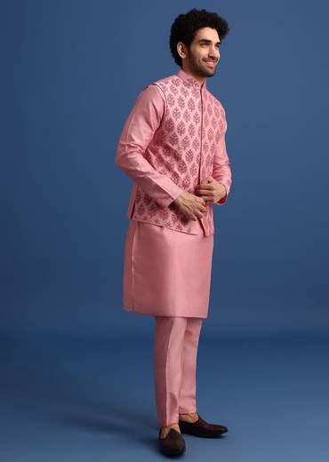 Pink Kurta Jacket Set With Dori Work And Stone Embroidery