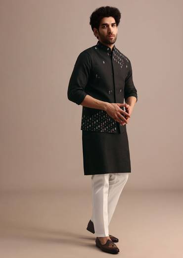 Black Kurta Jacket Set With Resham Work