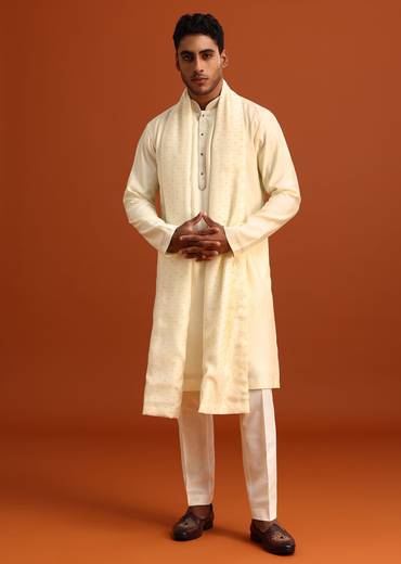 Ivory Plain Kurta Set With Hand Work Dupatta