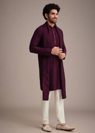 Wine Silk Blend Kurta Set With Thread Work Dupatta