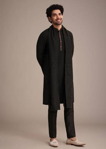 Black Silk Blend Kurta Pant With Dupatta