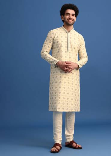 Beige Foil Print Kurta Set