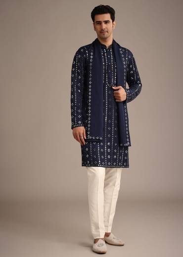 Blue Mirror Embellished Kurta Set With Dupatta