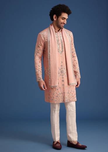 Pink Silk Blend Mirror Embroidered Kurta Dupatta Set