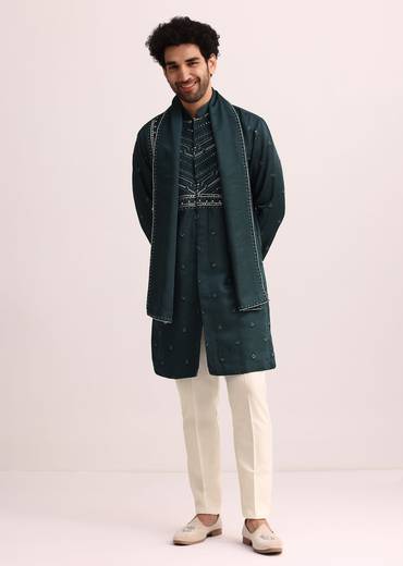Green Mirror Embellished Kurta Set With Dupatta