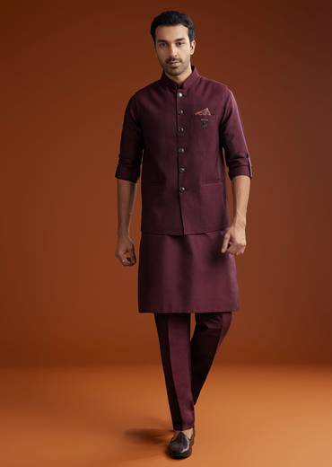 Wine Silk Kurta Jacket Set With Pintucks Detailing