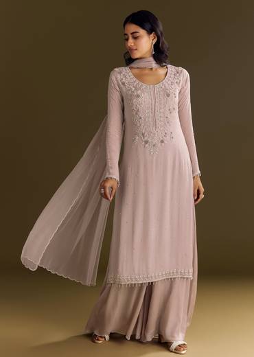 Lavender Chinon Zardosi Kurta Sharara With Cutdana Dupatta