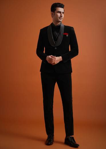 Black Velvet Tuxedo Set With Waistcoat And Bow
