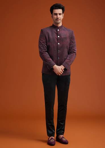Maroon Printed Jodhpuri Suit With Pocket Square