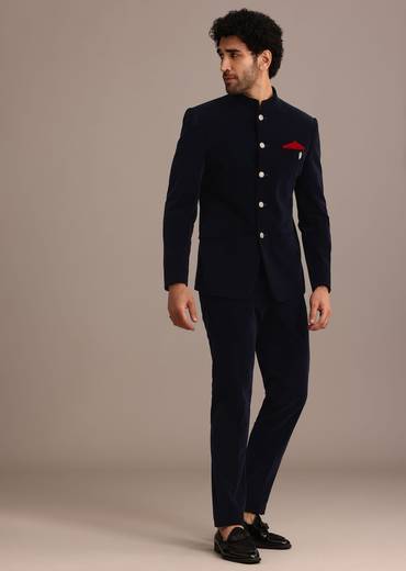 Blue Jodhpuri Suit In Velvet With Pocket Square