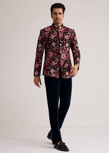 Pink Floral Embroidered Velvet Jodhpuri Suit