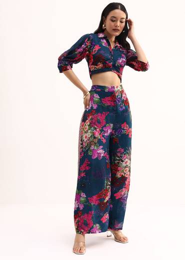 Dark Teal Blue Floral Printed Chinon Crop Top And Palazzo