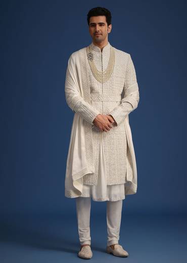 White Silk Embellished Sherwani Set With Kamarbandh