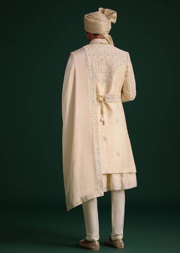 Light Gold Silk Sherwani Set With Kamarbandh And Mala