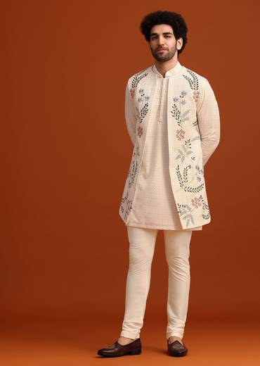 Ivory Silk Jacket And Kurta Set With Resham Work