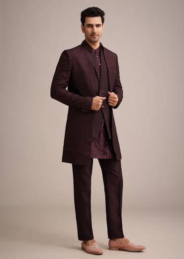 Wine Silk Indo Western And Kurta Set With Salli Work