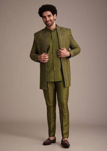 Mehendi Green Silk Zardosi Kurta Jacket Set