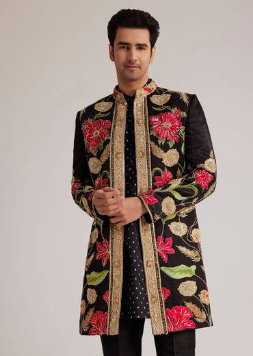 Black Silk Floral Hand Embroidered Indowestern Jacket Set